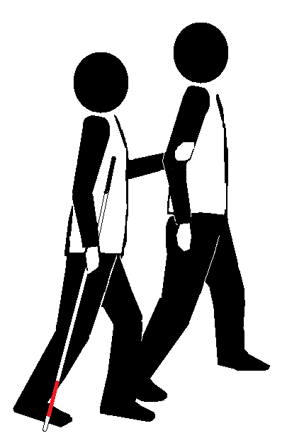 Two stick figures traveling in basic technique. One holds a long cane