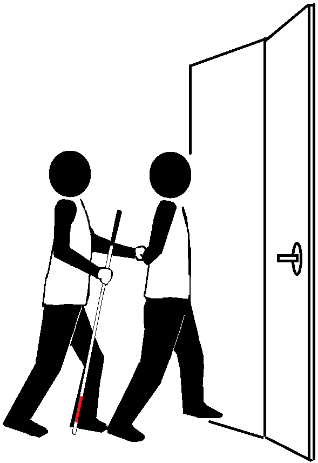Two stick figures traveling through a doorway. One holds a long cane
