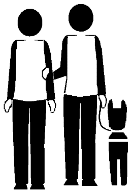 Two stick figures in basic technique. One holds the leash of a dog guide
