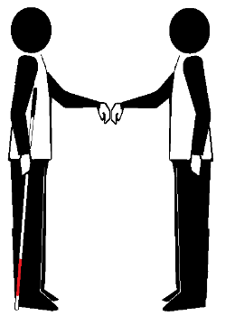 Two stick figures in initial contact. One holds a long cane