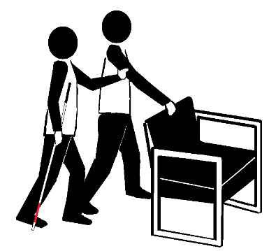 Two stick figures behind a chair. One holds a long cane