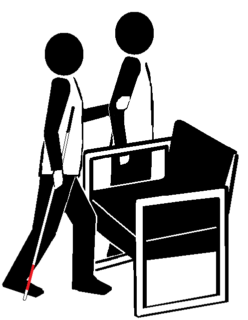 Two stick figures near a chair. One holds a long cane and faces the chair
