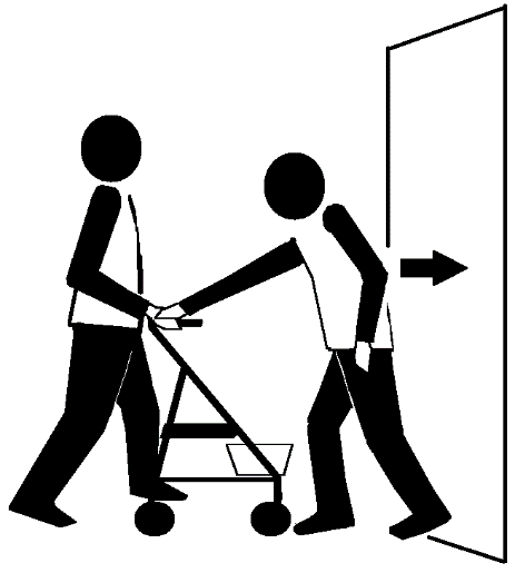 Two stick figures in front of a narrow passage. One has a 4-wheeled walker 