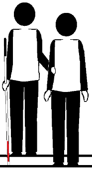 Two stick figures on stairs. One holds a long cane