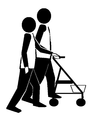 Two stick figures in basic technique. One has a 4-wheeled walker