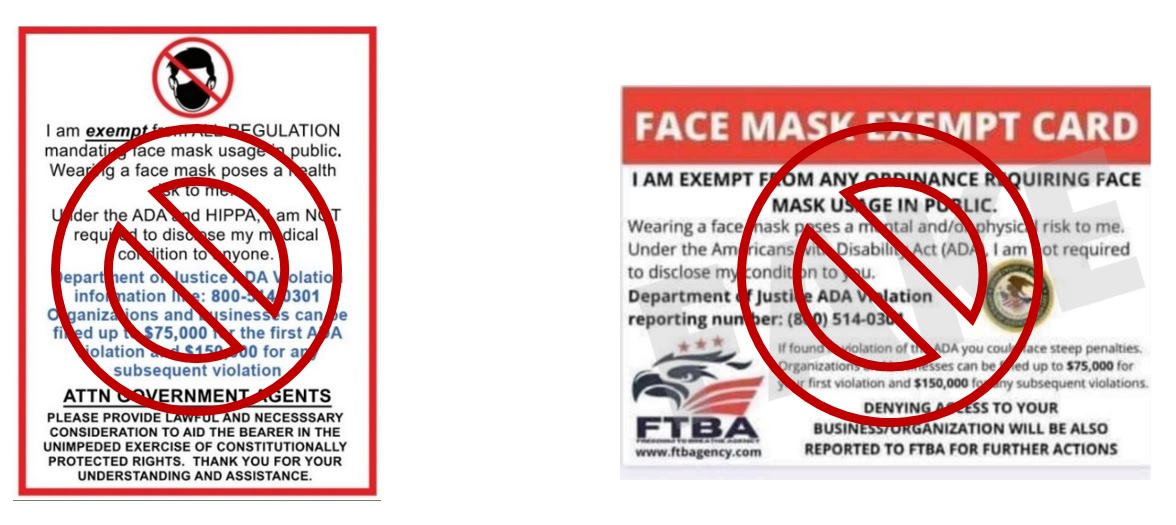 Face mask flyer with not allowed symbol placed over it. Face mask exemption card with not allowed symbol placed over it