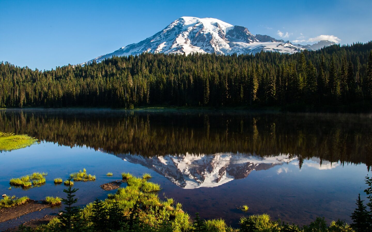 Mt Rainier reflected in Reflection Lakes, Rainier National Park, Washington.