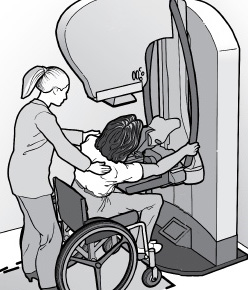Drawing of a nurse assisting a woman in a wheelchair while she gets a mammogram