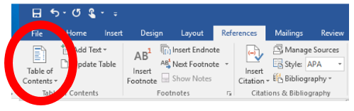 Screen shot of the Table of Contents button under the References tab