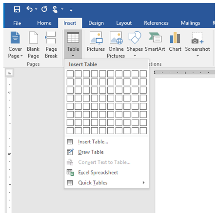 screen shot of Table under the Insert tab