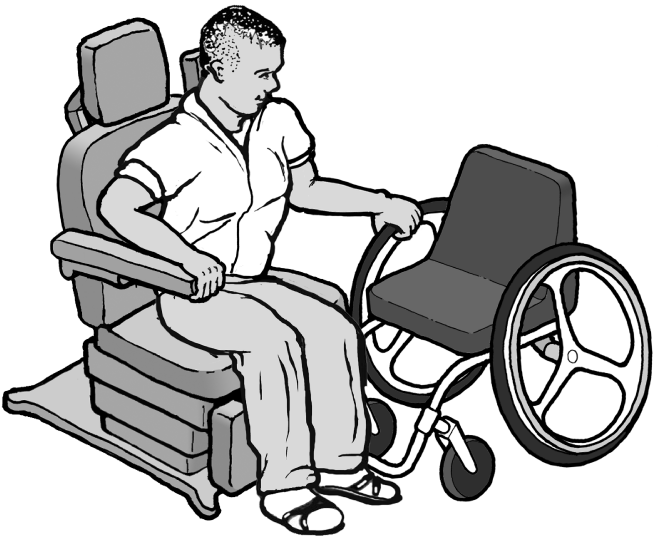 Drawing of a man transferring himself from a wheelchair to an accessible exam chair.