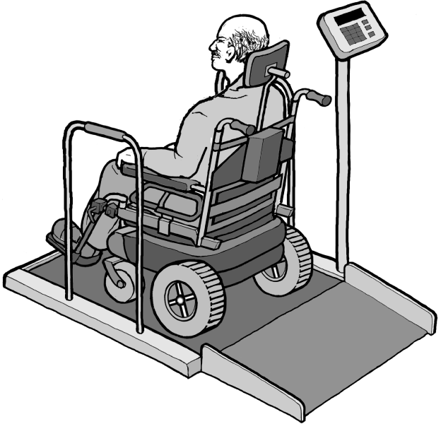 Drawing of a man in a power wheelchair on an accessible scale that can accomdate his wheelchair.